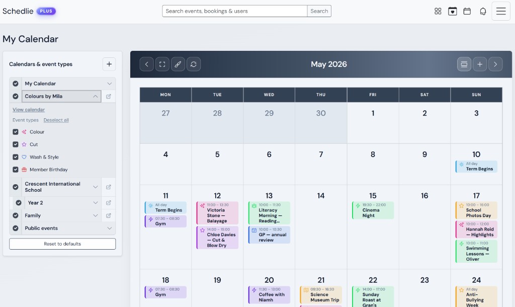 Schedlie My Calendar with the sidebar showing colour-coded event types
