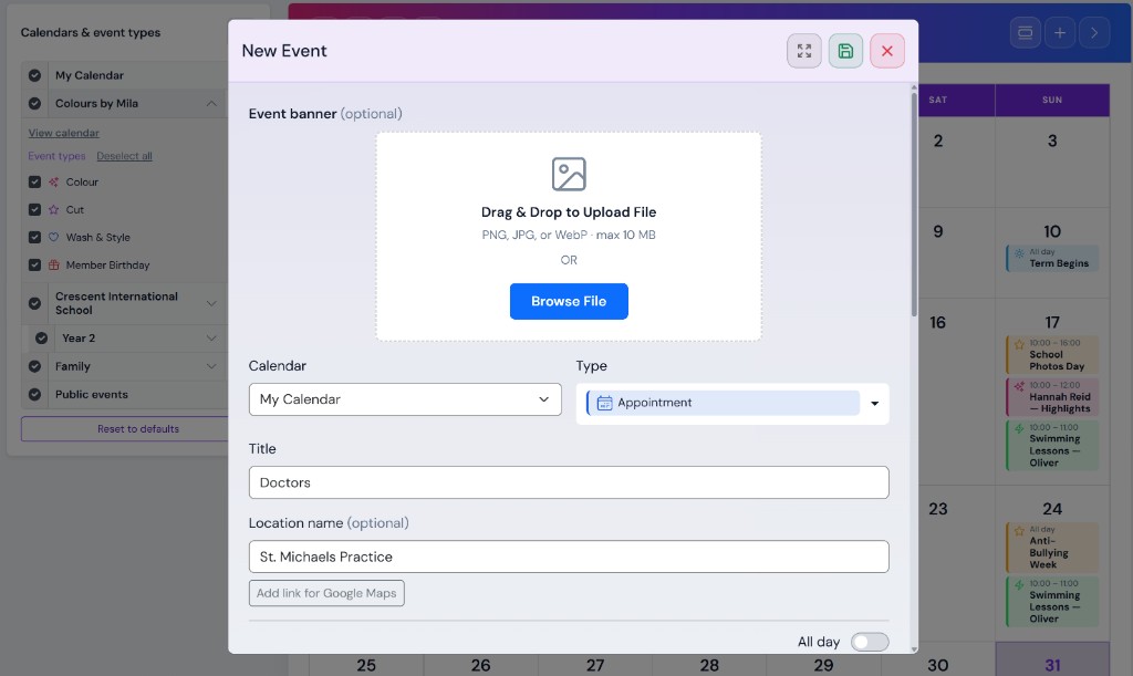 Schedlie new event form with calendar and event type picker